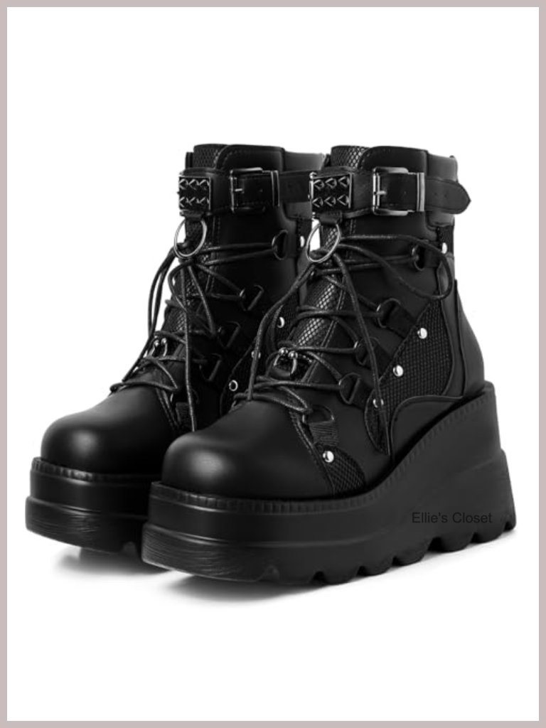 Holographic Platform Lace Up Studded Buckle Wedge Combat Ankle Boots